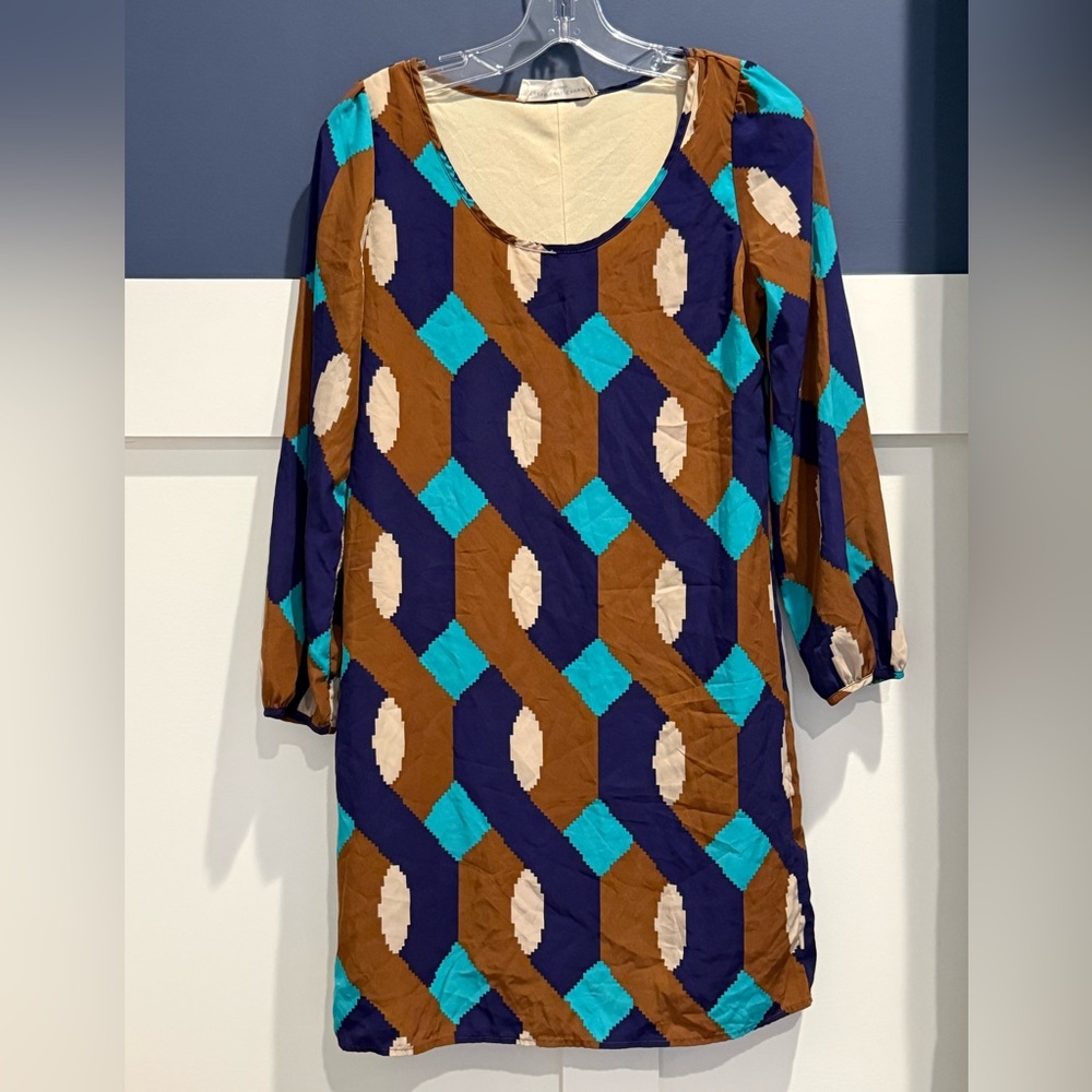 Peach Love California Blue, Brown Cream Geometric Long Sleeve Shift Dress Size S